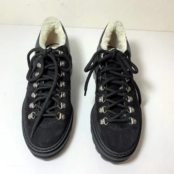 Schutz Lucille Hiking Boots Faux Fur Suede Hiker Lug Booties Black Size 6 NEW