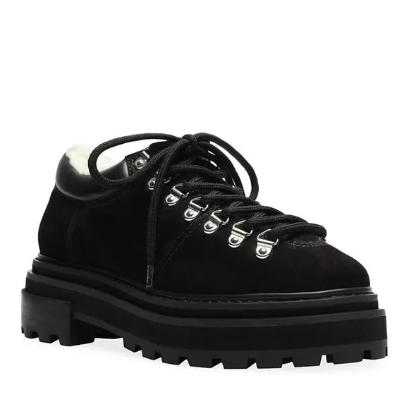 Schutz Lucille Hiking Boots Faux Fur Suede Hiker Lug Booties Black Size 6 NEW