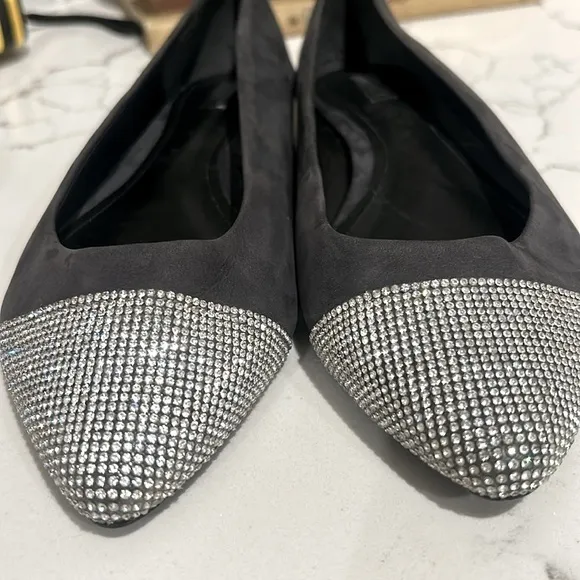SCHUTZ Women’s Ballet Flats Gemma Pointed Toe with Diamonds Grey Suede NEW 8
