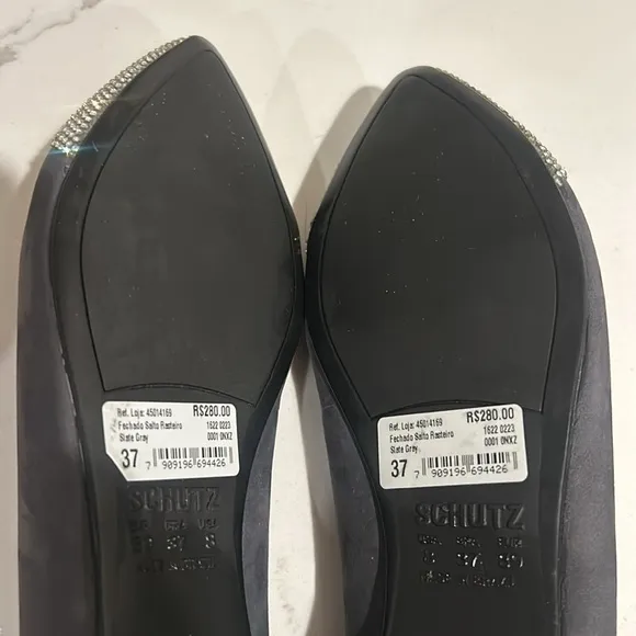 SCHUTZ Women’s Ballet Flats Gemma Pointed Toe with Diamonds Grey Suede NEW 8