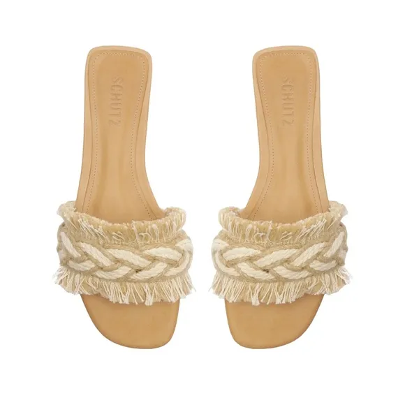 Schutz Women's Tan Adelia Crochet Frayed Slide Sandals Size 8.5