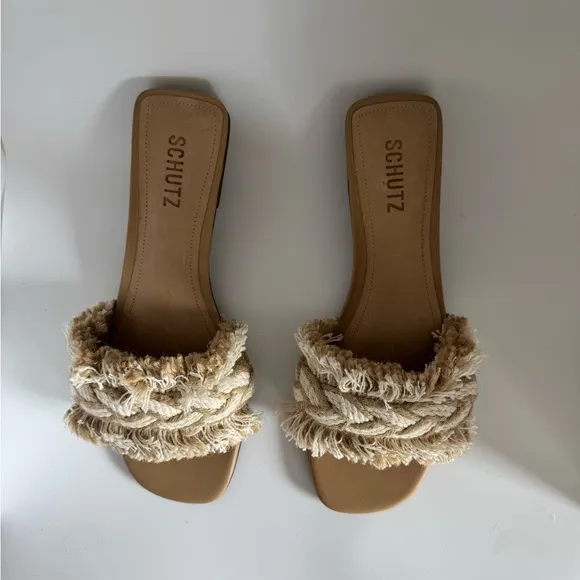 Schutz Women's Tan Adelia Crochet Frayed Slide Sandals Size 8.5