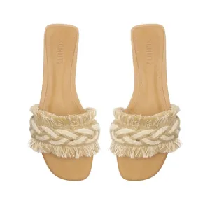 Schutz Women's Tan Adelia Crochet Frayed Slide Sandals Size 8.5
