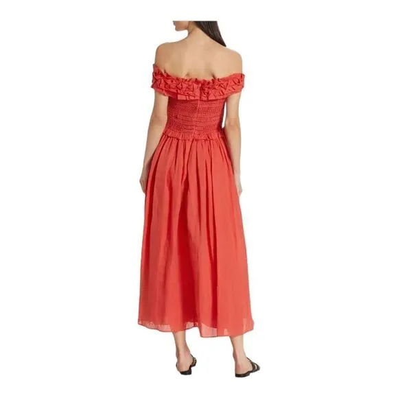SEA Frida Red Ruffled Off-the-Shoulder Midi Dress Size Small