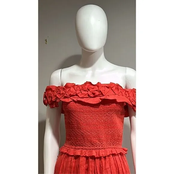 SEA Frida Red Ruffled Off-the-Shoulder Midi Dress Size Small
