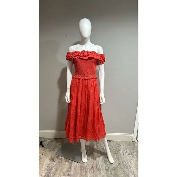 SEA Frida Red Ruffled Off-the-Shoulder Midi Dress Size Small