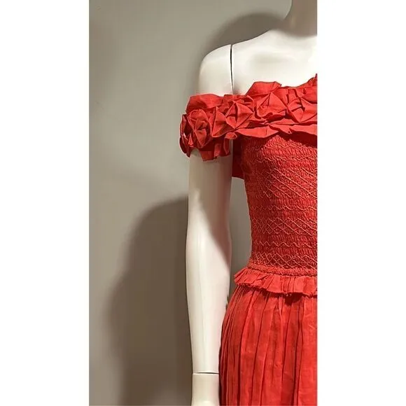 SEA Frida Red Ruffled Off-the-Shoulder Midi Dress Size Small
