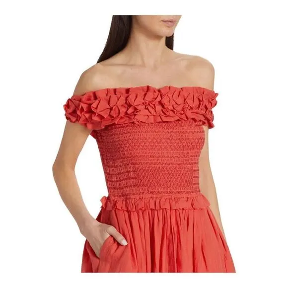 SEA Frida Red Ruffled Off-the-Shoulder Midi Dress Size Small