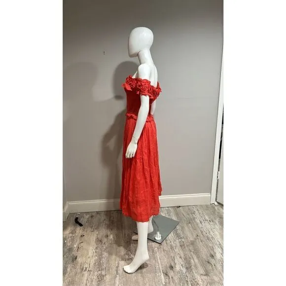 SEA Frida Red Ruffled Off-the-Shoulder Midi Dress Size Small