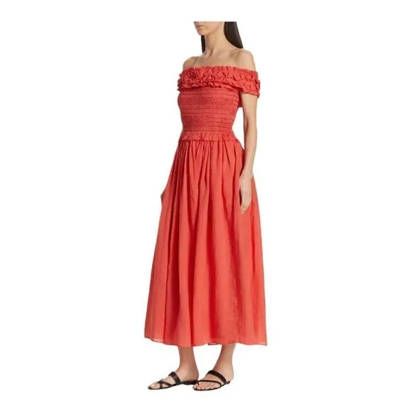 SEA Frida Red Ruffled Off-the-Shoulder Midi Dress Size Small