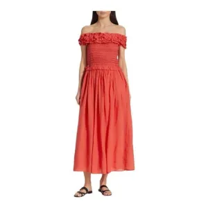 SEA Frida Red Ruffled Off-the-Shoulder Midi Dress Size Small