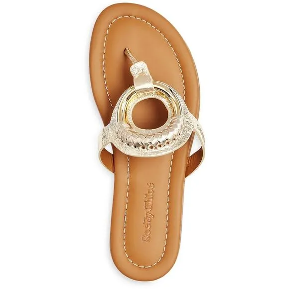 See by Chloe Womens Gold Slip On Padded Insole Casual Slide Sandals New