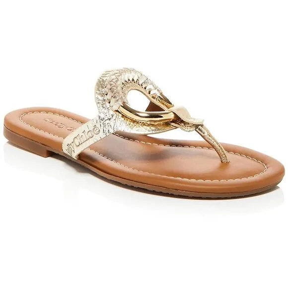 See by Chloe Womens Gold Slip On Padded Insole Casual Slide Sandals New