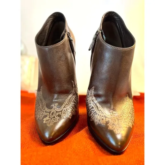 Sergio Rossi Ankle Boots 💥SZ 9 Embroidered Brown Leather 40 Excellent Condition