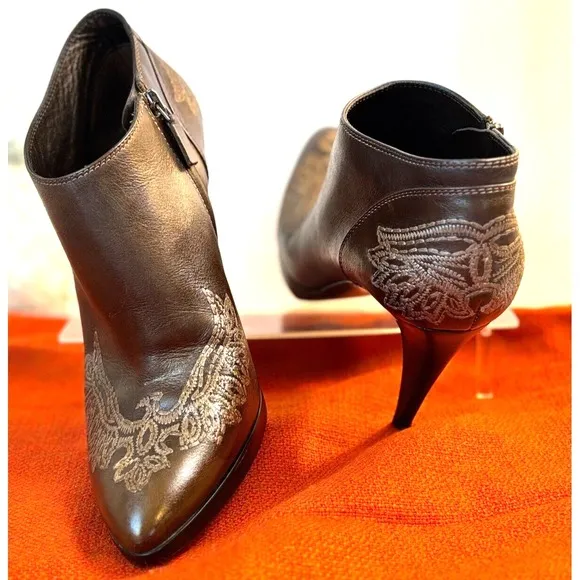 Sergio Rossi Ankle Boots 💥SZ 9 Embroidered Brown Leather 40 Excellent Condition