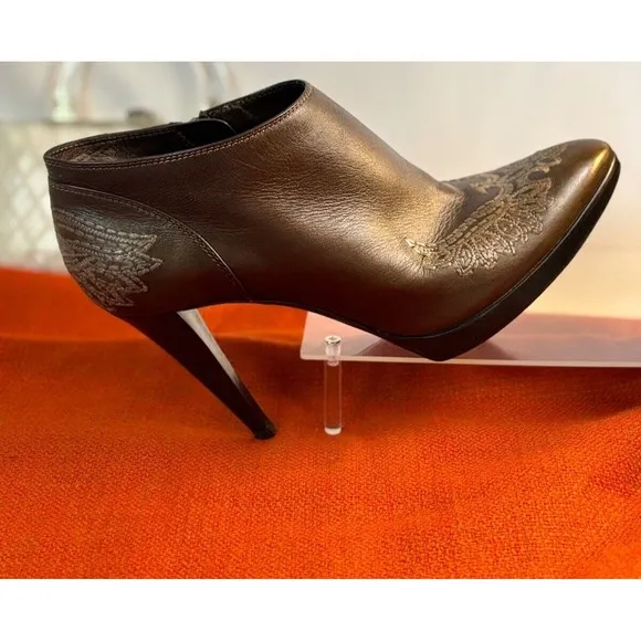Sergio Rossi Ankle Boots 💥SZ 9 Embroidered Brown Leather 40 Excellent Condition