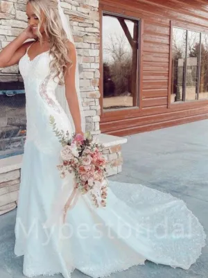 Sexy Spaghetti strapsV-neck Mermaid Lace applique Wedding Dresses,WDY0328