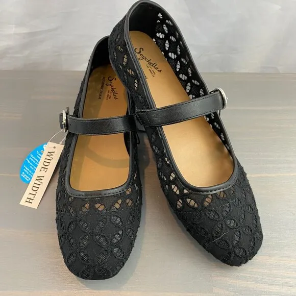 Seychelles Lily Mary Jane Flat Women Size 8W Black Lace Wide Width Memory Foam