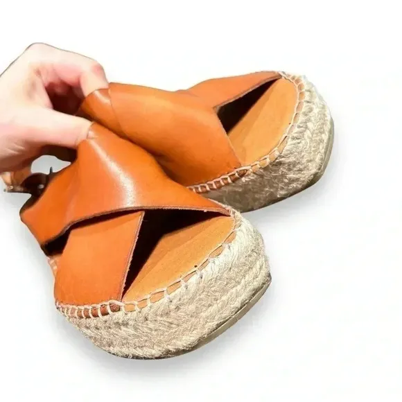 Shoe The Bear Orchid Tan Leather Wedge Espadrille Heeled Sandals Size 8.5