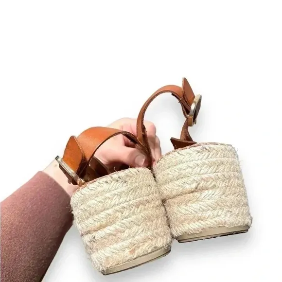 Shoe The Bear Orchid Tan Leather Wedge Espadrille Heeled Sandals Size 8.5