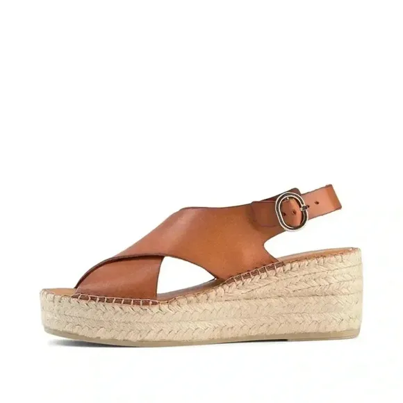 Shoe The Bear Orchid Tan Leather Wedge Espadrille Heeled Sandals Size 8.5
