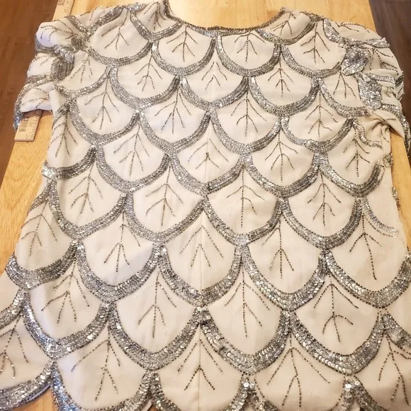 Silver Fish Scale Beaded White Silk Blouse