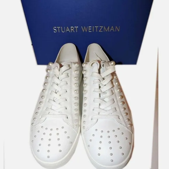 Size 10.5 Stuart Weitzman Sneakers Pearls Grommets Convertible Mules White