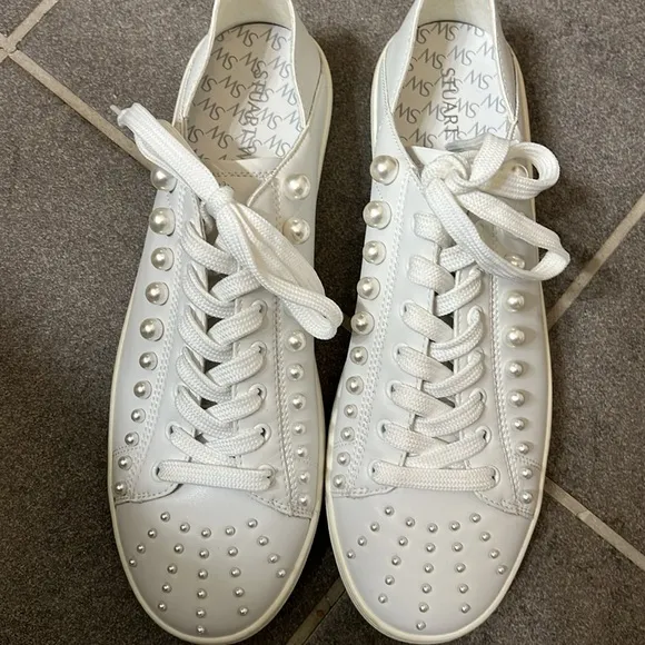 Size 10.5 Stuart Weitzman Sneakers Pearls Grommets Convertible Mules White