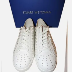 Size 10.5 Stuart Weitzman Sneakers Pearls Grommets Convertible Mules White