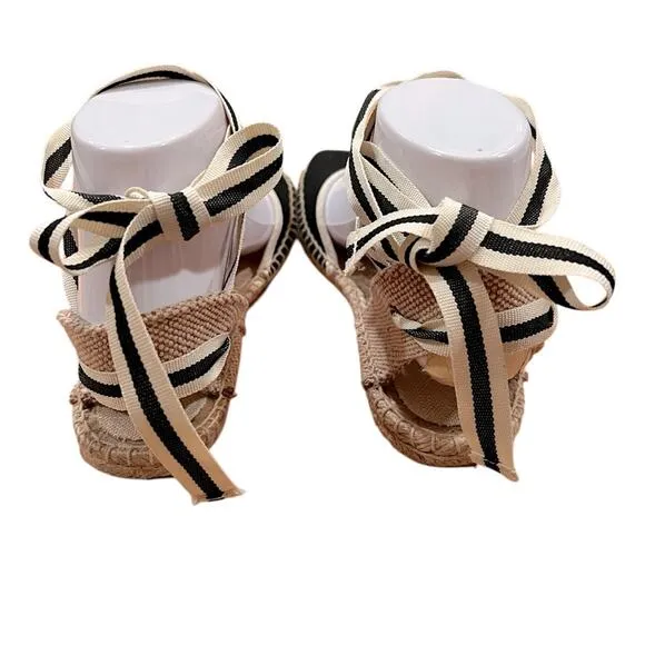 Soludos Classic Espadrille Sandal, Black/White With Ties Size 6 NWOT