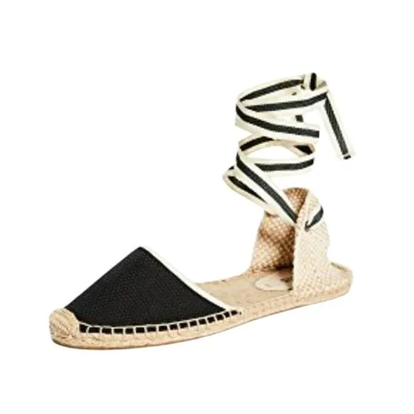 Soludos Classic Espadrille Sandal, Black/White With Ties Size 6 NWOT