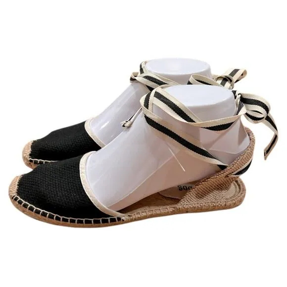 Soludos Classic Espadrille Sandal, Black/White With Ties Size 6 NWOT
