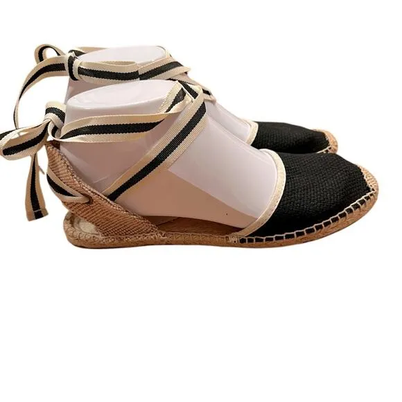 Soludos Classic Espadrille Sandal, Black/White With Ties Size 6 NWOT