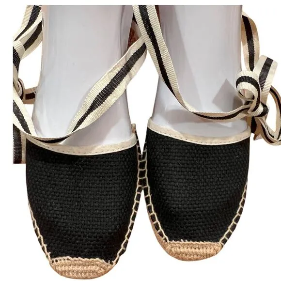 Soludos Classic Espadrille Sandal, Black/White With Ties Size 6 NWOT