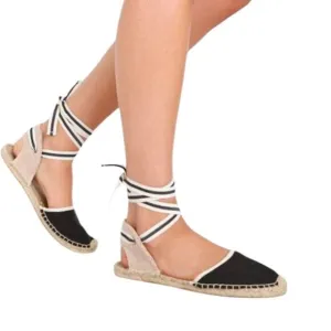 Soludos Classic Espadrille Sandal, Black/White With Ties Size 6 NWOT