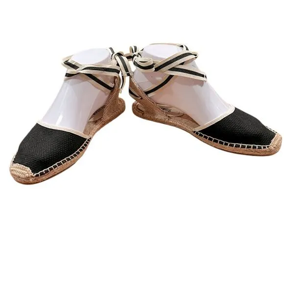 Soludos Classic Espadrille Sandal, Black/White With Ties Size 6 NWOT