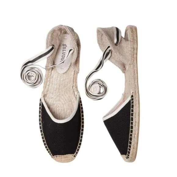 Soludos Classic Espadrille Sandal, Black/White With Ties Size 6 NWOT