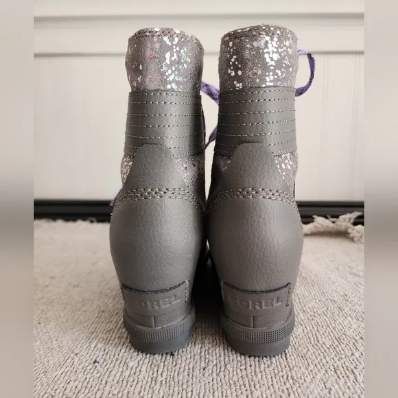 Sorel boots.  Girls size 2 grey, purple and glitter winter boots.