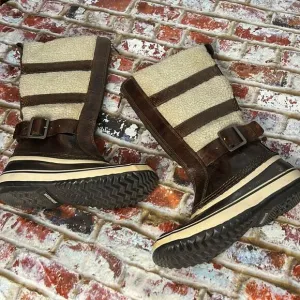 Sorel brown, curly lame and rubber winter boots tall