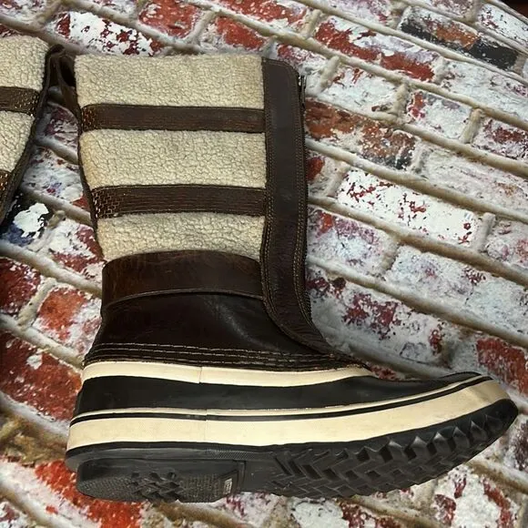 Sorel brown, curly lame and rubber winter boots tall