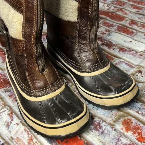 Sorel brown, curly lame and rubber winter boots tall