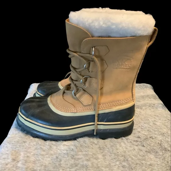 Sorel Caribou Tan &amp; Black Waterproof Winter Boots Size 7
