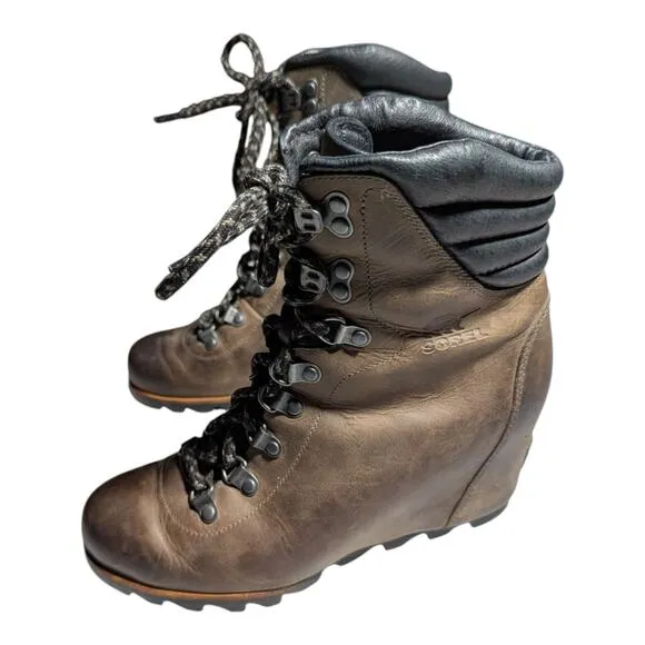 Sorel Conquest Brown Waterproof Leather Hidden Wedge Lace Up Winter Boots Sz 9