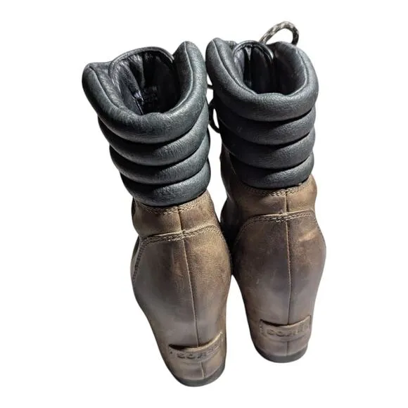 Sorel Conquest Brown Waterproof Leather Hidden Wedge Lace Up Winter Boots Sz 9