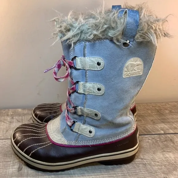Sorel Joan of Arctic Blue Leather Waterproof Youth Snow Winter Boots Size 6