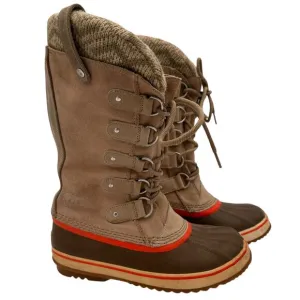 Sorel Joan Of Arctic Knit Fossil Leather Winter Boots Size 7.5