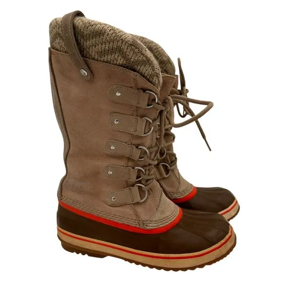 Sorel Joan Of Arctic Knit Fossil Leather Winter Boots Size 7.5
