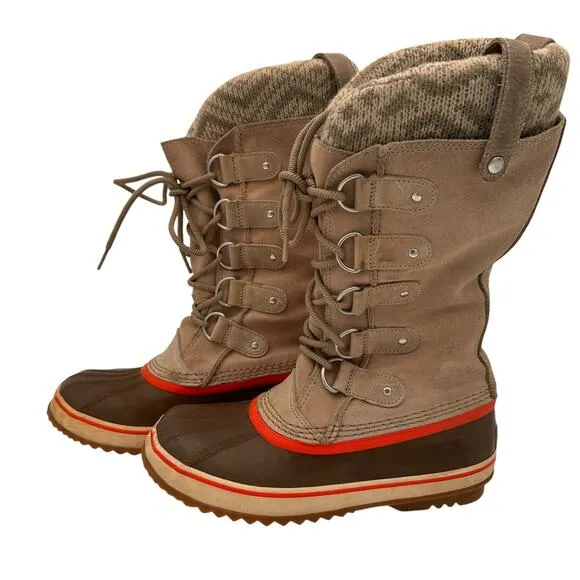 Sorel Joan Of Arctic Knit Fossil Leather Winter Boots Size 7.5