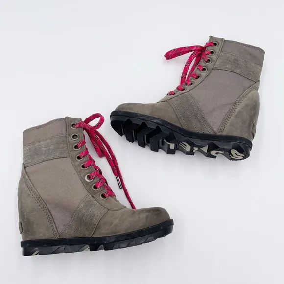 Sorel Lexie Wedge Boots Quarry Grey Fuchsia Pink Lace Up Winter Booties Size 6