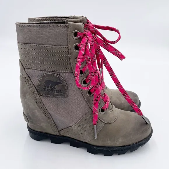 Sorel Lexie Wedge Boots Quarry Grey Fuchsia Pink Lace Up Winter Booties Size 6